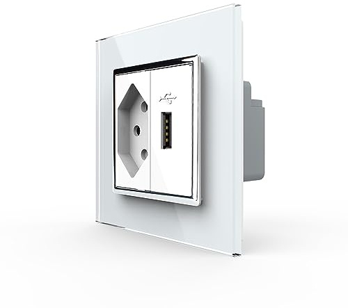 Livolo Schweizer Euro Steckdose Typ J und USB halbes Modul Flach Stecker LAN Dose USB A Anschlussdose Datendose Wandsteckdose zum Aufladen für Unterputz inkl. Glasrahmen Panel Weiß