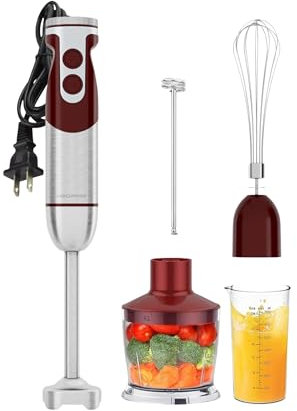 Set frullatore a immersione 5 in 1 MegaWise - 400 W, velocità variabile, acciaio inossidabile - Include tritatutto, frusta, montalatte e bicchiere (rosso)