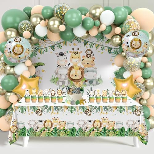 Decoraciones Fiesta de Cumpleaños Verde, Suministros de Fiesta de Cumpleaño Animale con Globos Blanco Dorado Verde, Tela de Fondo Animales, Insertos de Pasteles, Mantel, Fiesta Animales para Cumpleaño