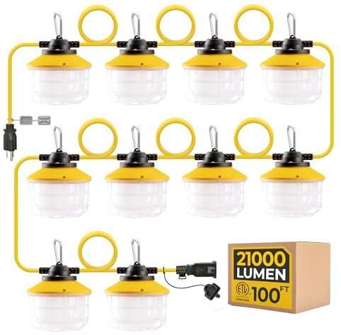 100FT Construction String Lights: 3 Prong 150W Ultra-bright 21000 lumens ETL Listed Linkable Industrial Outdoor Temporary Lighting IP65 Waterproof Hanging Led Work Light for Attic Jobsite Garage Shop