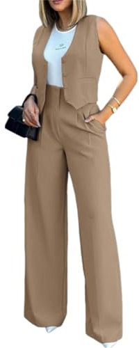 shownicer Tailleur Donna Eleganti Pantaloni e Gilet Curvy Completo Blazer a Senza Maniche 2 Pezzi Tuta Elastici in Vita Set di Abiti in Tinta Unita Pantalone Giacche Due Pezzi Suit A Cachi L