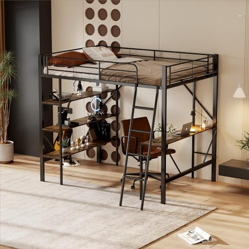 Kinderbett Hochbett Einzelbett 90x200 für 2 Kinder, Metallbett Eisenbett Etagenbett mit Schreibtisch und 3 großen Ablagen, Jugendbett Stockbett Bettgestell mit Rausfallschutz und Leiter, Schwarz