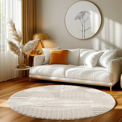 HomebyHome Teppich Rund 200 cm Creme, Hochflor Wohnzimmer Teppich, Weich & Flauschig, Skandinavisch Boho Stil, Langflor Shaggy, Pflegeleicht, Jute Rückseite