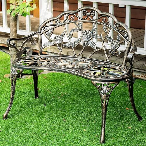 SORVA Gartenbank aus Metall mit Rückenlehne, Geschnitzte Parkbank, Gartenbankstuhl, 1- bis 2-Sitzer, Sitzmöbel für die Terrasse, Rahmen aus Aluminiumdruckguss, wasserdicht, für Hof, Terrasse, Rase