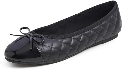 Feversole Women's Fashion Round Toe Ballet Flat,Ballerina a Punta Tonda per Donna Puntale Trapuntato Nero 38