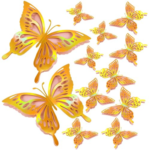 Gadpiparty 14 Stück Große 3D-Schmetterlingsdekorationen Gold-Lila-Schmetterlings-Wanddekoration Große Papierschmetterlinge Bewegliche Schmetterlinge Bastelarbeiten Für Hochzeit Geburtstag