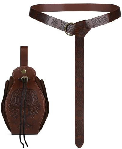 SWAWIS Halloween Nekromanten Anzug, Mittelalter Kleidung | mit Mittelalter Gürtel und GüRteltasche, PU-Leder Wikinger Mittelalter Accessoires Set für Cosplay Halloween Zauberer Hexe