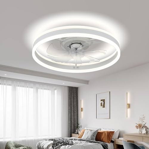 20 Modern Ceiling Fans with Lights, LED Dimmable Flush Mount Ceiling Fan 6 Speeds Bedroom White Low Profile Ceiling Fans for Living Room Dining Room
