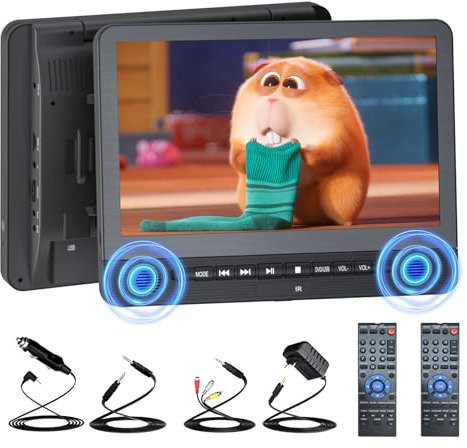 DESOBRY 12,5'' Auto DVD Player 2 Bildschrime Mit 5 Stunden wiederaufladbarer Akku, Zwei Auto-Bildschirm, Kopfstütze Fernseher Kinder TV Last Memory USB AV In/Out 12V
