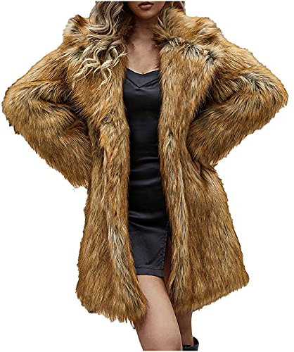 Komiseup Fleecejacke Damen, Winterjacke Damen Lange Winter Pelzmantel Elegant Kunstpelz Jacke Offener Front Wintermantel Dick Plüschjacke mit Kapuze Warme Kunstfell Oberbekleidung Faux Pelz Coat 11