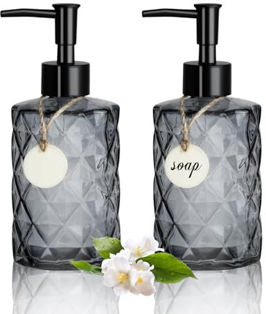 2 Stück Seifenspender Glas, 330ml Seifenspender Schwarz mit Pumpe, Nachfüllbar Pumpspender Soap Dispenser Spülmittelspender für Küche Badezimmer, für Seife Lotion Shampoo Handseife