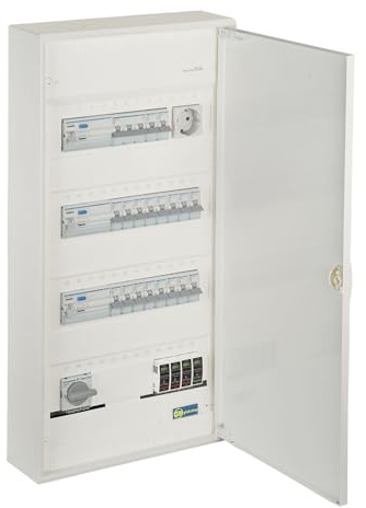 grenda-hammer® | Sicherungskasten Hager Aufputz 4-reihig Stromverteiler verdrahtet mit Hauptschalter, 3x FI-Schutzschalter, Sicherungen, Servicesteckdose und Überspannungsableiter