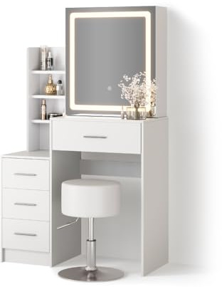 Livinity Tavolo da toilette Monza, Bianco, | con specchio LED e sgabello