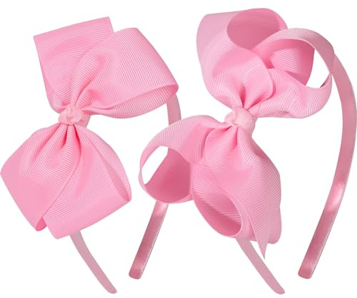 OAOLEER Grosgrain Bow Headband for Girls, Pink Headband with 4.5 inch Bow for Hair Band Accessories for Girls Set of 2 (Pink, 4.5inch)