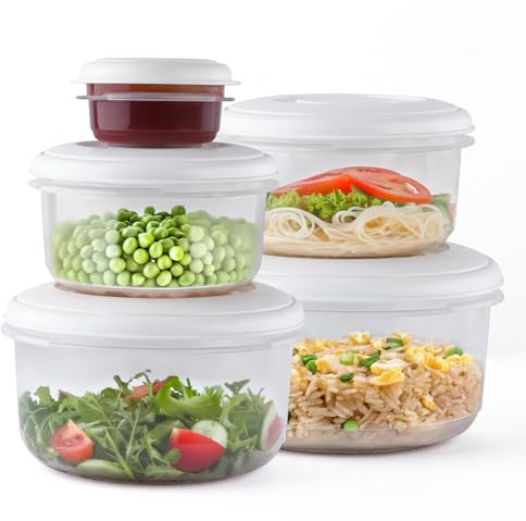 5 Pcs Food Storage Boxes Round (0.1-2 Litre) for Storing Fruits, Vegetables, Sandwiches, Pasta, Cookies & Dry Items | Stackable BPA-Free Tupperware Food Container Set for Kitchen, School & Takeaway