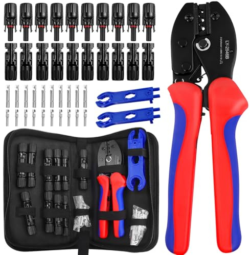 SBGGRL Solar Panel Connectors with Crimping Tool Kit,10 Pairs Ip67 Waterproof Male Female Power Connector Fittings with Crimper for 10-14 awg Gauge PV Cable Wire Ends Wiring & 2 Spanners