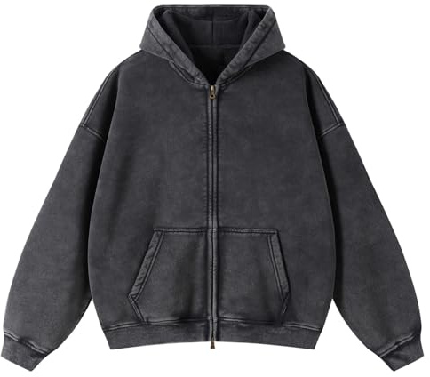 HOUZONIY Herren Fleece-Kapuzenpulli mit durchgehendem Reißverschluss Oversized Basic Zip Hoodie Y2k Hip Hop Sweatjacke Unisex mit Kapuze Pullover Jacke