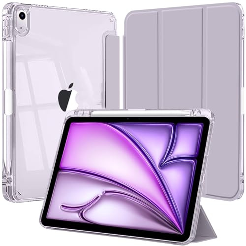 Custodia per iPad Air 13 Pollici M4/M3/M2 (2026/2025/2024) con Portapenne, Chiaro Trasparente Retro Conchiglia Sottile Antiurto Tablet Cover, Auto Sveglia/Sonno, Viola