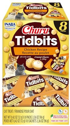 INABA Churu Tidbits for Cats, Soft & Chewy Churu Filled, Baked Chicken Cat Treats with Taurine & Green Tea Extract, 0.42oz per Pack, 8 Packs Total, Chicken Recipe