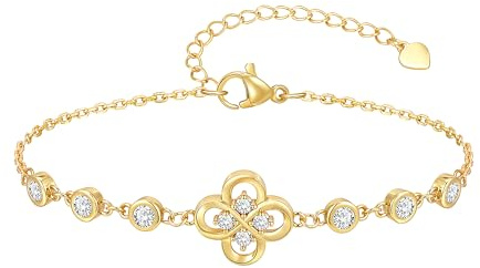 Kleeblatt Armband Damen Gold Silber - 14K Vergoldet Armkette für Mädchen Frauen, Charm Armband mit Zirkonia Vierblättrige Kleeblatt, Weißgold Plattiert Schmuck Geschenk für Jahrestag Weihnachten
