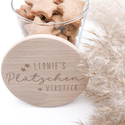 Generisch Personalisiertes Plätzchenglas mit Holzdeckel, Weihnachtsdeko im Skandinavischen Stil, Graviertes Vorratsglas mit Versteck-Motiv, Handgefertigtes Geschenk für Familie