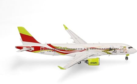 Herpa flygplansmodell airBaltic Airbus A220-300 ”50th A220”, miniatyr i skala 1:400, samlarobjekt, flygplansmodell med ställ, metall