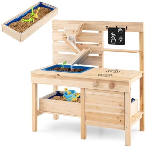 COSTWAY Mud Kitchen, Fir Wood Kids Play Kitchen with Detachable Sandbox, Stoves, Sink, Chalkboard, Sand Funnel & Storage Shelf, Outdoor Pretend Kitchen Potting Bench for Boys Girls Ages 3-8