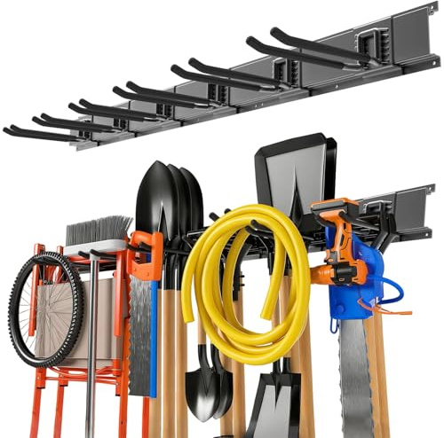 48 Inch Heavy Duty Tool Storage Rack with 6 Adjustable Metal Hooks, Garage Wall Mounted Storage System, Steel Garden Tools Organizer, Home Yard Shed Organiser for Ladders, Shovels, Brooms, Mops, Rakes