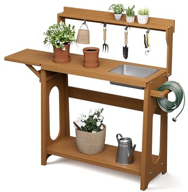 Pflanztisch Outdoor HIPS mit klappbarer Erweiterung, abnehmbarem Spülbecken, Gartentisch mit Ablagen & Werkzeughaken, wetterfest für Garten, Terrasse & Balkon, Teak-Optik