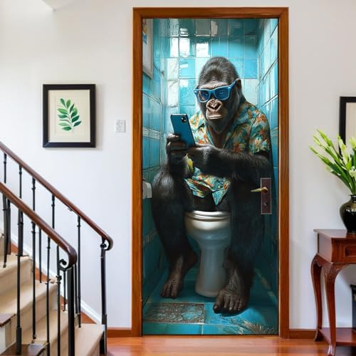 Türtapete selbstklebend Türposter Tier Gorilla Fototapete Türfolie 77 x 200 cm Karikatur 3D Türaufkleber DIY Türbild