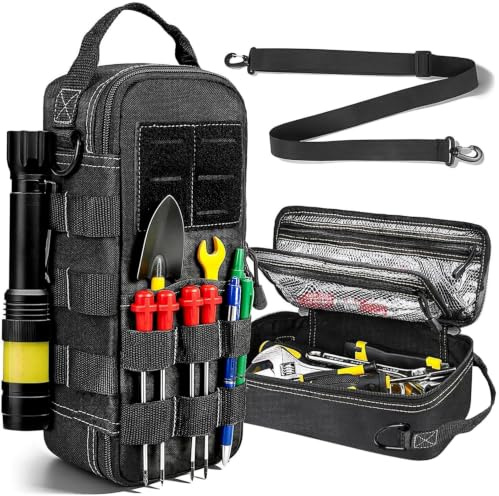 Heavy Duty Small Tool Bag with Multifunctional/Waterproof | Portable Utility Storage Case with Shoulder Strap / Carabiner for Electricians, Mechanics, EDC, Motorcycle and Camping