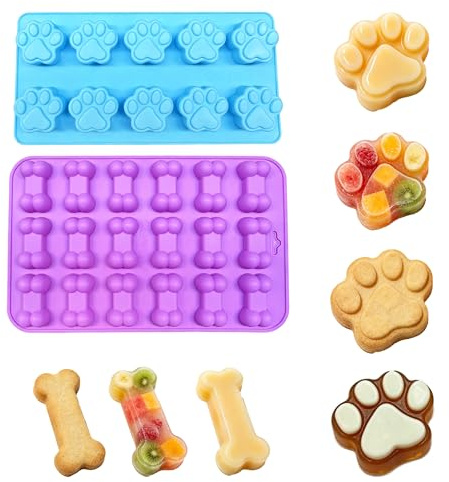 SEABABOO Set di 2 stampi in silicone con motivo a zampa di cane e ossa, 28 cavità, stampo per cioccolato, stampo da cucina in silicone per cioccolatini, dolcetti per cani, biscotti, dolci, buddin
