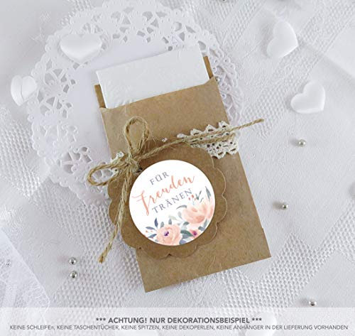 Freuden Tränen Taschentücher Set zur Hochzeit Klein 24 Sticker BLÜTEN ROSEN PASTELL APRICOT GRAU BLAU + 24 braune Flachbeutel 63 x 93 mm für Freudentränen Taschentuch Verpackungen