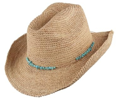 SCIPPIS Damen Strohhut Bondi – Sommerhut aus gehäkelter Raffia mit türkisfarbenem Zierband – S/M (55–57 cm), L/XL (58–60 cm)