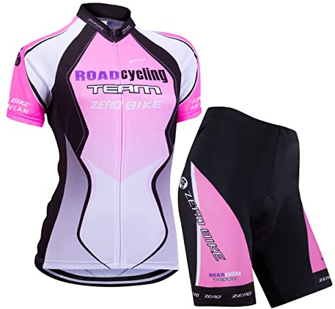 Femmes Vélo Cyclisme Respirant à séchage Rapide Maillots Set, Jersey Cycle Manches Courtes Veste + 3D Coussin Rembourré Serré Shorts Pantalon (Violet Dégradé, S)