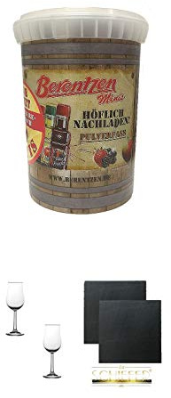 Berentzen Pulverfass 27 x 0,02 Liter + Nosing Gläser Kelchglas Bugatti mit Eichstrich 2cl und 4cl - 2 Stück + Schiefer Glasuntersetzer eckig ca. 9,5 cm Ø 2 Stück