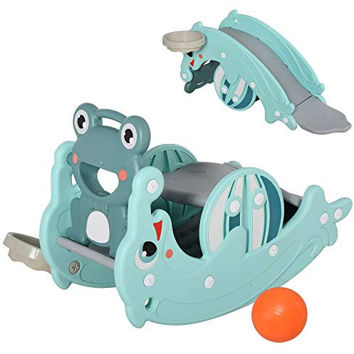 HOMCOM Cheval à Bascule Grenouille 3 en 1 Toboggan Panier Basket 18 à 36 Mois dim. 72L x 34l x 47H cm Bleu Turquoise