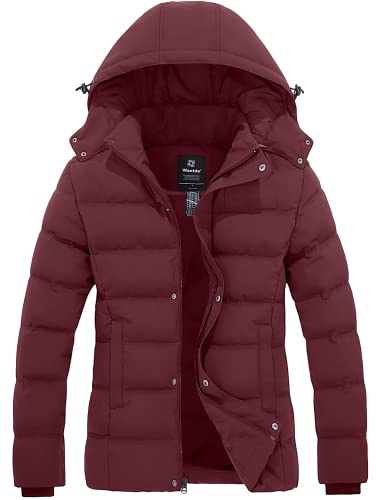 Wantdo Giacca Invernale da Donna Cappotto Corto e Caldo Giacca Trapuntata Spessa Giacca Antivento con Cappuccio Staccabile Cappotto Imbottito Vino Rosso L