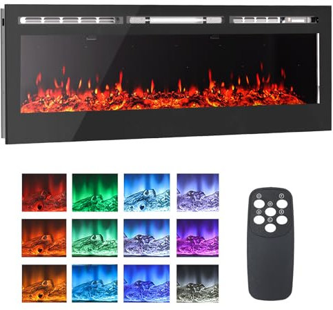 FIDOOVIVIA 60Electric Fireplace, Electric Fire Recessed and Wall Mounted, Media Wall Fireplace with 12 LED Flame Colour Effect & Remote Control,Log Set&Crystal, 2 Heat 900W&1800W, Overheat Protection