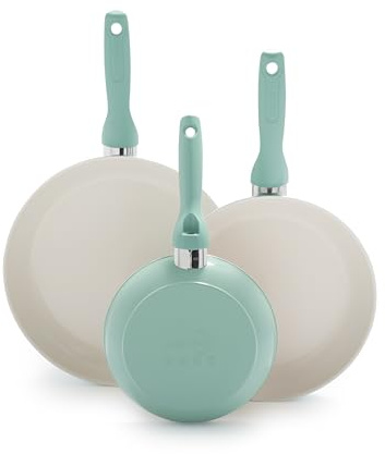 Greenpan Rio Healthy Ceramic Nonstick 7 9.5 and 11 Frying Pan Skillet Set, PFAS-Free, Dishwasher Safe, Turquoise