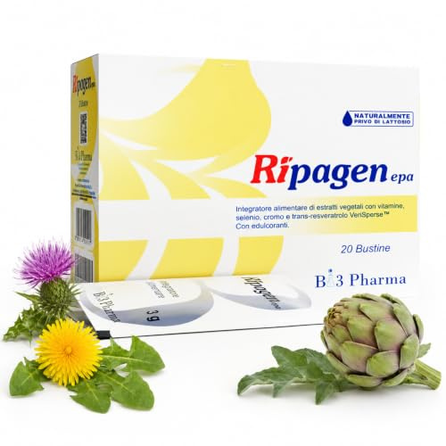 Ripagen Cardo Mariano Tarassaco e Carciofo 20 Bustine Solubili Bi3 Pharma | Con Silimarina, Taurina, Resveratrolo, Vitamine C, E, B1, B6, Niacina, Selenio e Cromo, Azione Antiossidante e Detox