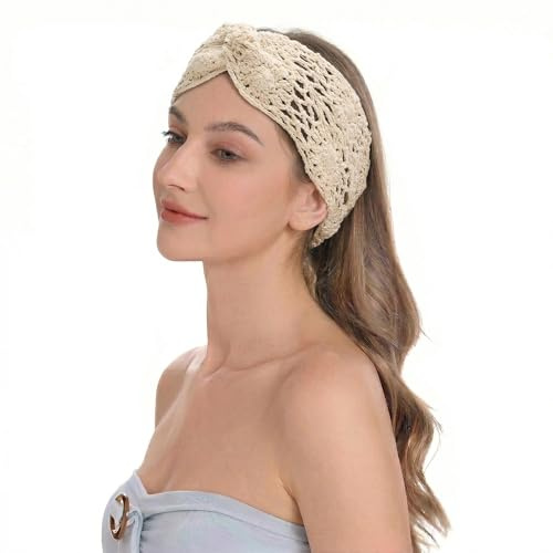ZLYC Damen Gestrickt Stirnband Mädchen Breit Strick Haarband(Twist Geknotetes Beige) | Skurrile Retro-pastorale Ästhetik, Café-Spaziergang, Wochentag-Styling, feminines tägliches dekoratives Haar-Accessoire