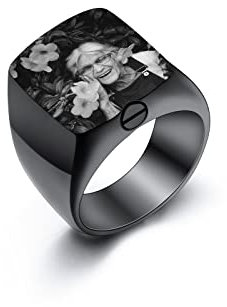 INBLUE Ringe Herren Asche Ring Edelstahl Siegelring mit Gravur Personalisierter Text Eingraviert Silber Gold Ring Hunde Erinnerung Schmuck mit Trichter Werkzeug (Schwarzer, Schwarzweißfoto, Größe 67)