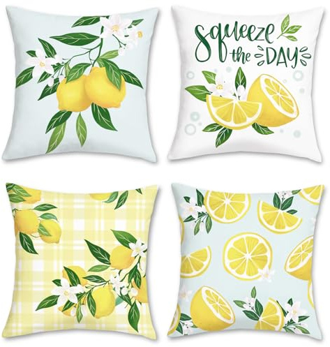 Bonhause Sommar citron kuddfodral 45 x 45 cm frukt dubbelsidig dekorativ prydnadskudde överdrag bondgård örngott för soffa uteplats trädgård heminredning set med 4