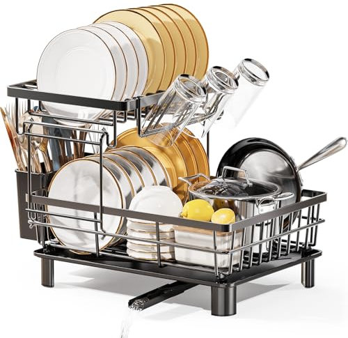 LIONONLY 2 Tier Dish Drainer Rack with Drip Tray, Detachable Dish drying Rack with Swivel Drainage Spout, Utensil & Cup Holder,Dish Rack for Kitchen Counter