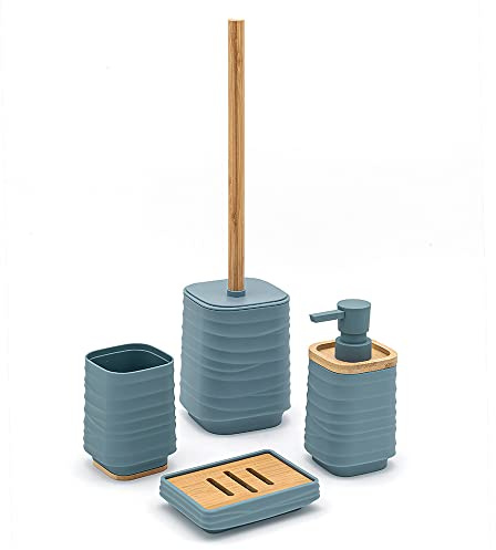 Inbagno Set Bagno Accessori Completo – 4 Pezzi, Kit Accessori appoggio in ABS e bambù, Include Dispenser, portaspazzolini, portasapone e scopino WC, Linea Wave (Set Completo)