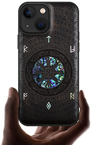Carveit Coque magnétique pour iPhone 13 Mini Étui Luxe [Gravure en Bois et Incrustation de Coquille] Case Compatible Magsafe avec 13 Mini Etui (Bois Sombre-Das Vegvisir des Wikinger)