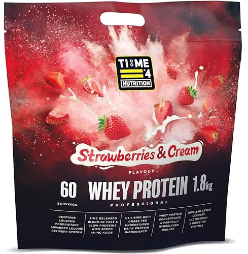 Time 4 Nutrition Whey Protein Professional Time Release Grass Fed Native Whey Protein Concentrate, Partially Hydrolysed Isolate & Micellar Casein (Strawberries & Cream, 1.8kg Bag)