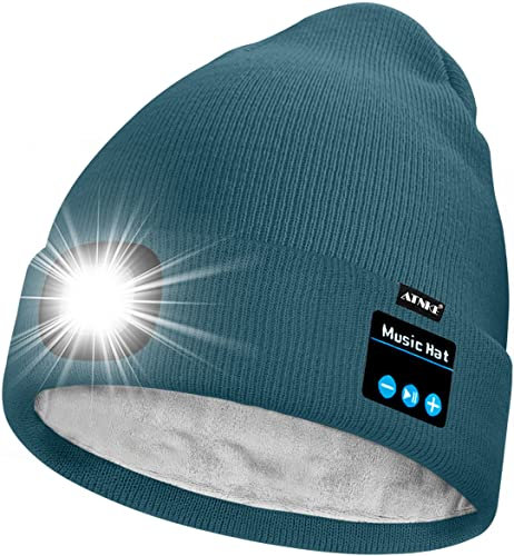 ATNKE Unisex LED Bluetooth Mütze mit Licht,Wiederaufladbare USB 4 LED Musik Redner Laufmütze Lampe Winter Warme Gefüttertes Fleece Stricken Mütze für Herren und Damen Geschenke/Olive Green