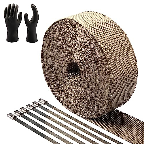 CARDI Auspuff Hitzeschutzband Titanium 5CMx15M Dicke 2MM Basaltfaser Auspuffband mit 14PCS Edelstahl Kabelbinder und einem Paar Handschuhen für Motorrad und Auto
